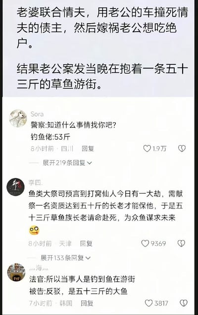 这是一张社交媒体评论区截图，上方先给出一则荒诞的社会案件梗概：妻子联合情夫用丈夫的车撞死情夫的债主，企图嫁祸给丈夫侵吞其财产，巧合的是丈夫案发当晚正抱着钓到的53斤草鱼游街，拥有明确的不在场证明。下方是三条网友的搞笑神评论，第一条用户Sora模拟警察询问涉案的钓鱼佬时，钓鱼佬第一反应答非所问只说自己的鱼是53斤，凸显钓鱼佬钓到巨物的优先级远高于其他事；第二条用户李四.套用玄幻设定编梗，称鱼类大祭司要献祭50斤以上的鱼族长老帮钓鱼人挡灾，53斤草鱼主动赴死为众鱼谋未来；第三条用户灬海灬模拟法庭场景，法官说当事人是钓到鱼游街，被告还特意反驳强调是五十三斤的大鱼，所有评论都围绕钓鱼佬钓到巨物的喜悦远超案件本身的反差制造笑点，趣味十足。