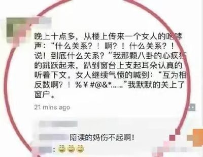 这张图是一个社交平台的聊天/评论截图，内容描述晚上十点多，楼上传来女人大声喊“什么关系？！啊？！什么关系！”等激烈话语，疑似情侣或者夫妻在争吵。楼下网友本来有点八卦心态，准备听听后续，结果对方吵到“互为相反数啊！%￥#@&……”后，觉得无聊就默默关上了窗户。下方有评论配上了表情：“陪吵的妈伤不起啊！”

图里主要有夸张化的争吵情节，带一点生活无奈搞笑气息。没有谐音梗，但带点“八卦”与“关窗”的双关暗示。