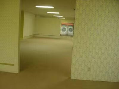 一张室内空间照片，展示了一个空旷的房间，房间内有走廊延伸至远处。墙壁为米黄色带有花纹，地面平整，天花板上安装了一排荧光灯提供照明。在走廊尽头可以看到两台并排的洗衣机，整体环境看起来像是某个公共设施或公寓楼内的洗衣区域前的空房间。