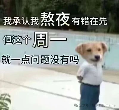 图片中是一只拟人化的小狗，它双手背后站立，背景似乎是室外的泳池边。图片上方有醒目的文字：“我承认我熬夜有错在先 但这个周一 就一点问题没有吗”。整体通过小狗的拟人化姿态和幽默文字，表达了人们在周一面对工作日时，将熬夜后的疲惫归咎于周一的无奈与吐槽情绪，充满了打工人的共鸣感。