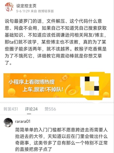 这是一张微博截图，展示了用户"设定控主页"发表的一篇关于学习态度的帖子。帖子认为，对于文件解压、代码理解、网盘使用等基础知识，学习者应该主动搜索获取或谦逊请教，如果连这些入门能力都没有，就不应该学习相关内容，某些博主也不应该过度教学。帖子用"教猴子吃香蕉"和"教用震动棒"的比喻来强调基础知识和进阶知识的区别。截图下方显示了一条用户评论和互动数据，包括转发431次、评论24条、点赞556次。底部还有一个黄色广告横幅，推广在小程序上查看微博热搜的服务。