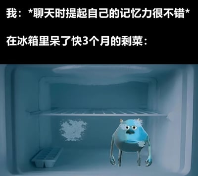 这张梗图通过幽默对比展现了人们常有的记忆矛盾。上方文字描述"我：*聊天时提起自己的记忆力很不错*"，紧接着下一行文字"在冰箱里呆了快3个月的剩菜："引出下方图片。图片中是《怪兽电力公司》中的蓝色毛怪萨利·莱文站在空荡荡的冰箱里，身上覆盖着冰霜，表情无奈，仿佛就是那被遗忘了三个月的剩菜，用拟人化的方式形成了有趣的反差萌，讽刺了人们常常高估自己记忆力的现象。