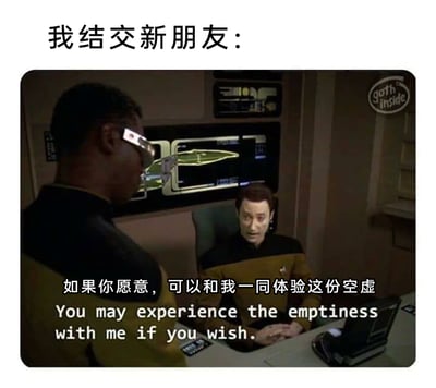 这是一张带有自嘲意味的网络梗图，顶部文字“我结交新朋友：”引出图中内容。画面截取自科幻美剧《星际迷航：下一代》，图中坐着的角色是星舰上的机器人军官数据，他对着站着的轮机长乔迪说出了改编后的台词“如果你愿意，可以和我一同体验这份空虚”，并配有对应的英文翻译。该梗图用一种丧且幽默的方式，调侃自己在社交中传递的精神空虚感，用经典科幻影视的场景来表达当代人在社交中的消极精神状态，充满黑色幽默。