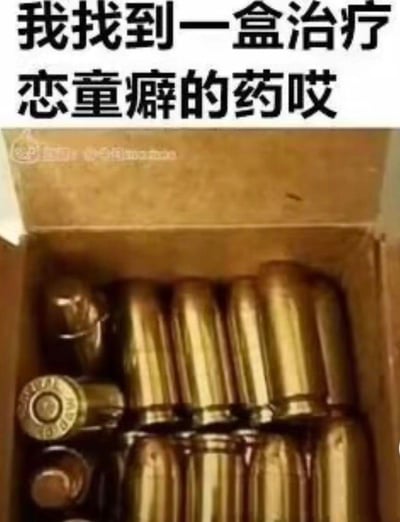 这是一张带有强烈讽刺意味的黑色幽默梗图，画面上方配有文字“我找到一盒治疗恋童癖的药哎”，而下方的盒子里并没有真正的药物，装满的是手枪子弹。<br>这张图用极端的隐喻手法，将子弹比作“治疗恋童癖的药”，表达了大众对恋童癖群体的强烈愤怒与厌恶，用“物理消灭”的极端设想来传递对这类人群的谴责，属于黑色幽默的表达形式。