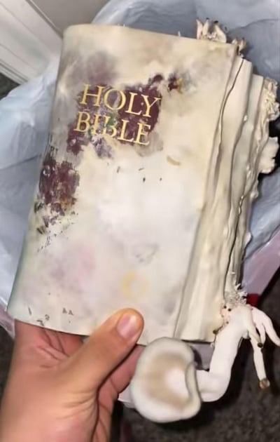 一只手拿着一个以《圣经》（HOLY BIBLE）为外观的翻糖蛋糕，蛋糕的翻糖外皮出现了大面积的变色和污渍痕迹，边缘的翻糖小人装饰已经变形、损坏，整体看起来像是一本发霉变质的旧圣经，但实际是造型失败或放置后状态变差的创意蛋糕，属于美食翻车的场景，没有双关或谐音梗。