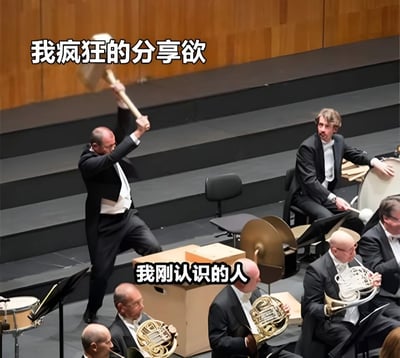 图片展示了一个交响乐团的场景，一名穿着黑色西装的乐手正高举大锤，表情夸张，似乎准备敲击。图片上方配有文字“我疯狂的分享欲”，乐手下方配有文字“我刚认识的人”，通过夸张的肢体动作和文字结合，幽默地表现了自己强烈的分享欲望面对刚认识的人时的状态。