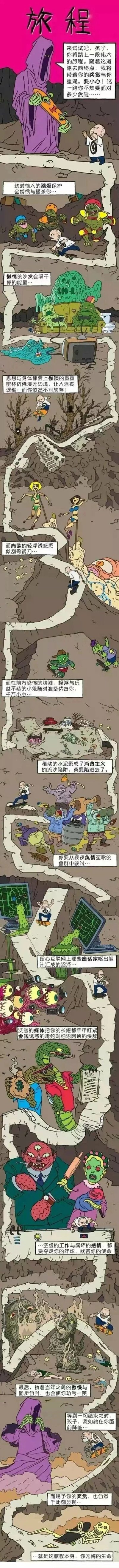 这是一幅竖版超长卡通连环漫画，以“人生旅程”为核心主题，用一条蜿蜒曲折的道路串联起人在成长与生活中会遭遇的各类考验、诱惑与困境。开篇神秘黑袍人将滑板交给光头主角，告知他踏上一段充满危险的旅程，随后主角滑着滑板依次经历：代表幼时溺爱保护的束缚怪物、会吸干能量的懒惰沙发沼泽、思想与身体被禁锢的枯木密林、如同刮骨钢刀的肉欲诱惑、玩世不恭的小鬼伏击、消费主义的流沙陷阱、夜夜纵情笙歌的环境、互联网无用信息汇成的沼泽、金钱与媒体的双重诱惑、空虚工作与腐坏感情的消耗、执着过往的傲慢与固步自封的阻碍，最终抵达终点。黑袍人此时告知主角，这段旅程本身就是奖赏，即他无悔的人生。漫画以夸张具象的怪物与场景，将抽象的人生困境视觉化，传达出人生的价值在于亲身经历所有过程的感悟。
