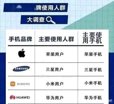 这是一张走搞笑吐槽风格的图文表格，顶部用蓝色背景块标注总标题“品牌使用人群大调查”，下方是三列的统计表格结构，一共列出苹果、三星、小米、华为四个主流手机品牌，对应的使用人群和使用手机都是和品牌同名的内容，整体是看似做了正经调查、实际完全没有输出有效信息的废话式内容，靠这种反差感制造趣味效果。