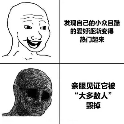 这是一张四格连环漫画，通过表情对比展现心理变化。上左格是一个秃头卡通人物咧嘴笑的开心表情，上右格文字写着“发现自己的小众且酷的爱好逐渐变得热门起来”；下左格同一人物变成全黑阴森画风，表情诡异，下右格文字为“亲眼见证它被‘大多数人’毁掉”。用夸张的视觉反差幽默吐槽小众爱好大众化后变味的现象。