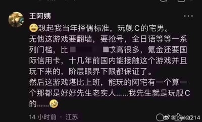社交媒体截图内容显示，用户"王阿姨"分享了自己当年独特的择偶标准——选择玩舰C（KanColle）的宅男。她认为这款游戏需要翻墙、抢号、懂日语等一系列高门槛，十几年前国内能玩下来的人阶层眼界有保证，且游戏耗时堪比上班，玩家多为老实可靠的人。最后透露自己的先生就是舰C玩家。