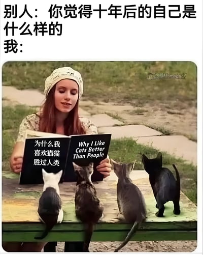 图片上方文字写着"别人: 你觉得十年后的自己是什么样的 我:"，下方是一位戴着白色帽子的女性坐在户外的桌子旁，正在阅读一本名为"Why I Like Cats Better Than People"(为什么我喜欢猫猫胜过人类)的书。四只不同颜色的猫咪坐在桌子上，背对着镜头，专注地看着书本，仿佛在认真听她阅读。这张图通过幽默的方式表达了比起对未来的宏大规划，更希望过着与猫咪相伴的简单生活。