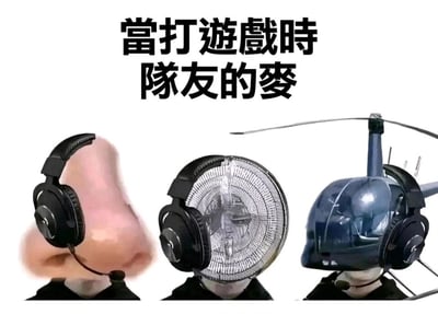 这是一张搞笑合成梗图，图片顶部配有黑色文字“当打游戏时队友的麦”，下方展示了三个穿着黑色上衣、戴着头戴式耳机的形象，他们的头部被替换成了不同的物品，用来具象化游戏开黑时队友麦克风里出现的各种离谱杂音：第一个形象的头部被替换成了放大的人类鼻子和嘴巴，对应队友麦中清晰刺耳的呼吸声、嘴部动作的杂音；第二个形象的头部被替换成了老式的电热扇，对应麦里传来的类似电器运转的嘈杂电流杂音；第三个形象的头部被替换成了直升机的机头，对应麦里传来的巨大轰鸣噪音，仿佛直升机引擎在耳边作响。这张图用夸张的视觉化手法，精准吐槽了玩家在联机游戏时，常遇到的队友麦克风杂音问题，十分贴合玩家的真实经历，充满趣味性和共鸣感。