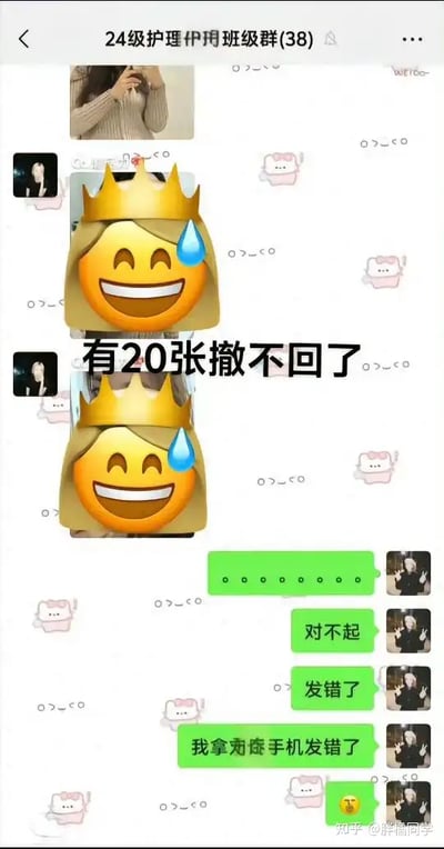 这张图片展示了一个微信班级群（护理专业）里的经典乌龙场面：有人误发了20张图片到群里，发现已经撤不回，十分尴尬，配以大汗王冠笑脸表情遮挡隐私和增加幽默气氛。下方消息为当事人不断道歉并解释“用表弟手机发错了”，气氛一度社死。适合表达网聊翻车、社交尴尬的情景。

另有表情包大头王冠加汗，营造无奈与自嘲氛围。

表面幽默，但读者能共情当事人的尴尬与无助。无明显谐音梗。