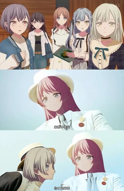 这是《BanG Dream!》系列动画的三格拼接截图：
1. 第一格展示乐队MyGO!!!!!的五位成员，表情带着警惕与惊讶，正注视着前方；
2. 第二格是乐队Ave Mujica的千早爱音，身着白色套装与礼帽，表情冷峻，说出「来者不善啊」的台词；
3. 第三格是Ave Mujica的若叶睦侧头看向爱音，回怼「你才是来者」。
这段对话通过角色身份的错位，玩了「来者不善」的梗，制造出趣味十足的互怼场景。