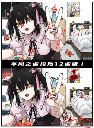 这是一张上下对比的连环漫画图，上方 panel 中，黑长直双马尾少女穿着粉色蕾丝上衣，戴着项圈，面带笑容比出和平手势，房间内散落着标有1-12的红色数字标记（如床头的闹钟、地上的玩偶、墙上的海报等）。下方 panel 场景相同，但存在约12处差异，包括少女手上的血迹、地上的血迹、海报上的变化、床上男孩的表情变化等。中间配有文字“不同之處約為12處哦！”，引导观众寻找两图差异，属于趣味视觉挑战类动漫插画。