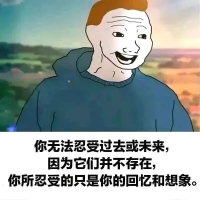 图片中是一个橙色头发、穿着蓝色连帽衫的卡通人物，面带夸张的微笑表情，背景为渐变色彩的天空和模糊的 landscape 风景。图片下方配有文字：“你无法忍受过去或未来，因为它们并不存在，你所忍受的只是你的回忆和想象。” 整体风格结合了卡通表情包与哲学感悟，给人一种轻松中带有思考的感觉。