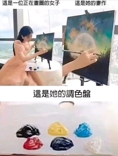 这是一组由三张图片拼接而成的搞笑梗图，分为三个展示部分：第一部分是一位穿浅粉色连衣裙的女子在窗边画架前，做出手持画笔作画的姿势；第二部分展示了所谓“她的画作”——一幅带有月夜、草地、流星的色彩丰富的风景画；第三部分则是她的调色盘，上面只有黑、黄、蓝、红、深蓝、白几种基础颜料。画作的丰富色彩和调色盘的基础颜色形成强烈反差，暗示这是一场摆拍的假画画场景，以此制造搞笑效果，调侃那些看似专业实际是摆拍的伪创作行为。