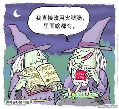 这是一幅单幅静态卡通漫画，画面设定在夜晚，背景中能看到弯月和深色的植被。两个身着紫色巫师长袍、头戴尖顶巫帽的女巫在进行魔药制作：左侧女巫表情严肃专注，正低头查看一本画有魔法图案的书籍，似乎在遵循传统的魔药配方；右侧女巫则一脸轻松得意，手里拿着一包印有“hot dog”字样的火腿肠包装，将火腿肠直接放进面前的大锅里，同时对着左侧女巫说出“我直接改用火腿肠，里面啥都有。”的台词。这幅漫画通过将传统魔法场景与现代便捷食品结合，用反差感制造出幽默搞笑的效果，调侃了传统流程的繁琐，凸显了偷懒式的便捷解决方案的趣味性。