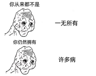 这是一张双 panel 竖版梗图，上方 panel 左侧为一个面部布满皱纹、表情悲伤的卡通丑脸形象，上方文字为“你从来都不是”，右侧文字为“一无所有”；下方 panel 为相同形象，下方文字为“你仍然拥有”，右侧文字为“许多病”。通过先扬后抑的文字反转，形成黑色幽默效果，调侃式表达“并非一无所有，而是拥有许多疾病”的自嘲情绪。