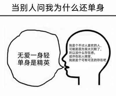 这张图片采用经典的「外在表达与真实内心反差」的线稿梗图模板，顶部标题明确场景——当被他人问及单身原因时，图中抽象的人像嘴上说着「无爱一身轻 单身是精英」，展现出洒脱、以单身为荣的强势态度；但人像内部的文字却暴露了真实的内心活动：充满自我怀疑，认为自己不讨人喜欢、因沉默寡言缺乏存在感，甚至觉得自己在别人眼里是可有可无的存在。这种强烈的内外反差精准捕捉了部分单身人士在社交场合中故作洒脱，实则内心敏感自卑的真实心理，极易引发同类人群的情感共鸣。