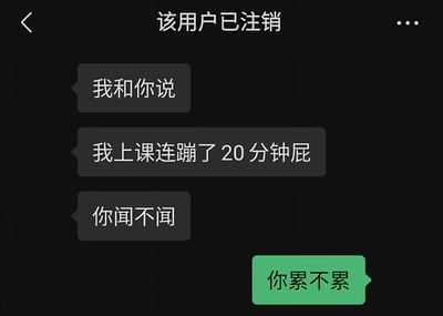 这是一张社交聊天软件深色模式下的聊天记录截图，页面顶部显示聊天对象的账号状态为“该用户已注销”，对方先后发送三条深灰色气泡消息，内容依次为“我和你说”、“我上课连蹦了20分钟屁”、“你闻不闻”，发送方用夸张的表述描述自己上课长时间放屁的经历，回复方则发送绿色气泡消息回应“你累不累”，回复角度清奇，整体对话无厘头充满笑点。