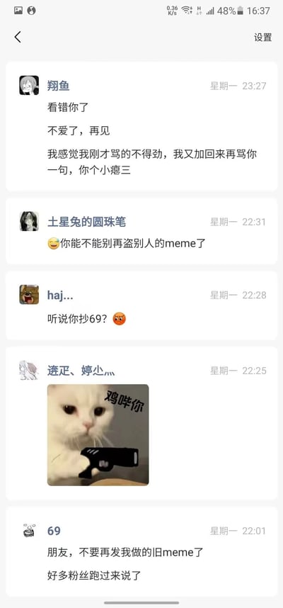 这是一张竖屏的手机端私信聊天记录截图，展示了用户收到的五条来自不同网友的消息，内容均围绕盗用原创meme的争议展开。其中原创作者‘69’私信指出该用户未经许可使用自己制作的旧meme，导致自身粉丝前来反馈；网友‘土星兔的圆珠笔’‘haj...’直接指责该用户盗meme、抄袭69；网友‘涟疋、婷尐灬’发送了一张网络流行的‘鸡哔你’猫咪举枪表情包表达不满；网友‘翔鱼’先是表示‘不爱了再见’，随后又特意重新添加好友，辱骂该用户‘小瘪三’，完整呈现了该用户因盗用他人原创meme内容引发的多起网络指责与冲突，情绪从理性提醒到愤怒辱骂逐步升级。