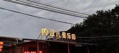 这是一张傍晚户外的实拍照片，天空布满灰云，多条黑色电线横跨画面上方，画面右侧是茂密的深绿色树木。画面主体是一处砖结构建筑屋顶上的黄色发光字“内设儿童乐园”，建筑下方还有部分红色发光字露出，整体呈现出傍晚时分的市井户外场景，图中没有双关、谐音梗或暗示内容。