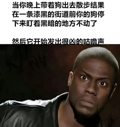 图片上半部分为黑色文字，描述了晚上带狗散步时，狗在漆黑街道前突然停下盯着黑暗处并发出低吼的场景。下半部分是一张真人面部特写，人物表情惊恐，眼神紧张地注视前方，生动表现了遇到这种情况时的惊吓反应。