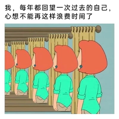 这张梗图以《蜡笔小新》中的角色野原美伢的镜像重复画面为主体，搭配文字“我，每年都回望一次过去的自己，心想不能再这样浪费时间了”，形象地描绘出当代人普遍存在的一种状态：每年都会对过去的自己进行反思，下定决心不再浪费时间，但实际上却始终没有做出实质性的改变，陷入了年年立志、年年依旧的循环，精准地戳中了人们在自我提升上的拖延与无力感，引发共鸣。