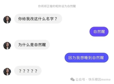 一张聊天记录截图，顶部显示“你将郑芷璇的昵称设为自然醒”。左侧用户（郑芷璇）连续发送三条消息：“你给我改这什么名字？”“为什么是自然醒”“?????”，右侧以紫色按钮形式回复“自然醒”和“因为我想睡到自然醒”。对话展现了一方强行将对方昵称改为“自然醒”并以“自己想睡到自然醒”为理由的离谱互动，充满搞笑和无奈的氛围。