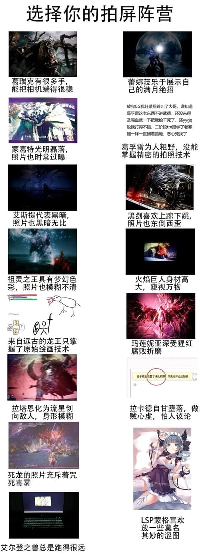 这是一张针对FromSoftware开发的魂类游戏《艾尔登法环》制作的玩家整活梗图，以“选择你的拍屏阵营”为主题，将游戏中各个BOSS的战斗特性、外观设定与玩家在游玩时拍摄BOSS画面的糟糕体验相结合，通过图文对应的方式进行玩梗调侃：比如葛瑞克的多手臂对应“能把相机端得很稳”，蕾娜拉的满月招式对应拍屏画面展示满月，艾斯提的黑暗属性对应拍屏全黑，黑剑的上蹿下跳对应拍屏东倒西歪，拉卡德对应“设置评论权限无法评论”的截图，蒙格对应二次元涩图，还有葛孚雷的一段玩家真实吐槽配文，整体充满了玩家社群的趣味玩梗氛围，精准戳中《艾尔登法环》玩家的游玩共鸣点。