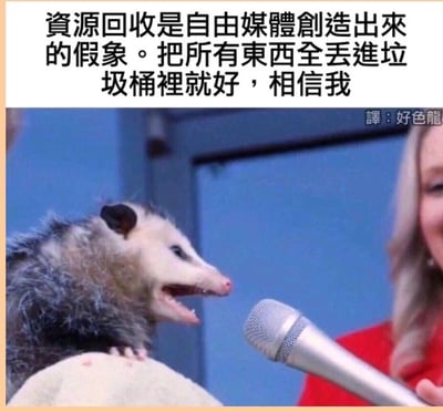 这是一张经过改编的恶搞类静态梗图，画面中一只负鼠被放置在布面上，嘴巴大张、表情夸张，正对着一旁的麦克风，仿佛正在接受采访。图片上方配有违背环保常识的恶搞文字：“资源回收是自由媒体创造出来的假象。把所有东西全丢进垃圾桶里就好，相信我”，右下角标注有翻译水印“译：好色龙”。画面右侧还有一位手持麦克风的红衣女性，面带微笑配合这个“采访”场景。整张图通过将动物拟人化，搭配荒诞的反环保言论，制造出滑稽搞笑的效果，以调侃的方式解构环保话题，属于社交平台上流行的趣味梗图。