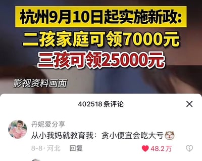 这张图是杭州育儿补贴新政的新闻截图与社交平台热门评论的拼接：上方新闻显示杭州9月10日起实施育儿补贴，二孩家庭可领7000元，三孩家庭可领25000元；下方是社交平台的热门评论，用户「丹妮爱分享」评论「从小我妈就教育我：贪小便宜会吃大亏」并配捂脸猫表情包，暗指育儿补贴相对于长期养娃的高额成本来说只是「小便宜」，养孩子才是真正的「大亏」，用反讽的方式调侃生育成本过高，该评论获得48.2万赞，引发大量网友共鸣。