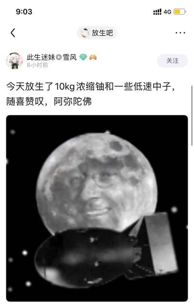 这是一张来自百度贴吧“放生吧”的社交媒体截图，用户“此生迷妹◎雪风”发布了一条荒诞整活的帖子：用佛教放生的话术，声称“放生了10kg浓缩铀和一些低速中子”，还配上“随喜赞叹，阿弥陀佛”的佛教用语，结合下方经过PS合成的图片——将人脸合成在月亮表面，月亮下方还有类似核弹的物体。该内容玩的是浓缩铀与低速中子能引发核链式反应的核物理知识，用放生的形式制造荒诞反差，以此调侃网络上的奇葩放生行为，属于网络迷因类的搞笑整活内容，通过科学元素和宗教话术的结合，产生强烈的喜剧效果。