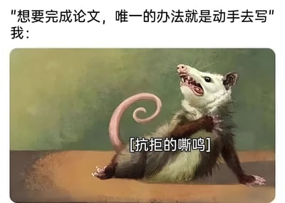 图片上方文字为“想要完成论文，唯一的办法就是动手去写 我：”，下方是一只张着嘴、表情抗拒的负鼠图片，图片上叠加文字“[抗拒的嘶鸣]”。整体通过幽默的方式表现了面对论文写作时的拖延和抗拒心理，非常贴合学生群体的真实感受。
