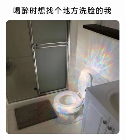 一张浴室场景的搞笑图片，马桶被彩虹色的光影效果笼罩，看起来像一个发光的神奇物体。图片上方配有文字'喝醉时想找个地方洗脸的我'，幽默地表现了人在醉酒状态下可能产生的视觉错觉和判断力下降，误将马桶当作可以洗脸的地方。