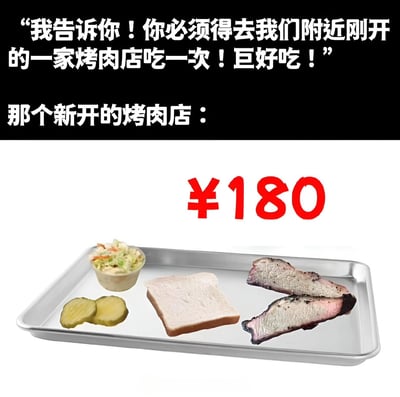 图片上方为黑色背景白色文字，内容是某人强烈推荐附近新开的烤肉店：“我告诉你！你必须得去我们附近刚开的一家烤肉店吃一次！巨好吃！”。下方白色背景区域展示了所谓的“新开烤肉店”菜品：一个金属托盘上放着两片烤肉、一片白面包、一小碗沙拉和两片泡菜，托盘上方用红色大字标注价格“¥180”。通过夸张的推荐语与实际简陋且高价的菜品形成鲜明对比，幽默讽刺了部分网红餐厅名不副实、价格虚高的现象。