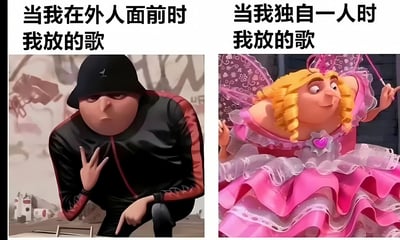 图片为左右对比图，左侧标题为“当我在外人面前时我放的歌”，搭配《神偷奶爸》中Gru的冷峻形象，他穿着黑色连帽衫，做出酷拽手势；右侧标题为“当我独自一人时我放的歌”，搭配粉色仙女装扮的角色，金发卷发，穿着蓬蓬裙，表情开心兴奋，手持魔法棒。通过强烈的视觉反差幽默展现人们在公共场合与独处时听歌风格的巨大差异，引发共鸣。