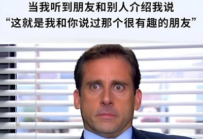 图片上方有文字"当我听到朋友和别人介绍我说'这就是我和你说过那个很有趣的朋友'"，下方是《办公室(美国版)》中迈克尔·斯科特的面部特写，他瞪大双眼，表情震惊而僵硬，背景是办公室的百叶窗。图片通过角色夸张的表情与文字内容形成反差，幽默地表现了当被朋友贴上"有趣"标签时的意外和压力感。