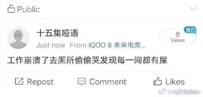 这是一张竖屏的社交媒体平台公开动态截图，发布者ID为“十五集哑语”，标注了发布设备为iQOO 8，动态内容为“工作崩溃了去厕所偷偷哭发现每一间都有屎”，动态带有“推广”标识，目前有8次浏览。这条动态以黑色幽默的方式，讲述了职场人在工作崩溃想找私密空间宣泄时，遭遇更糟心状况的双重打击，精准戳中职场人的情绪痛点，引发共鸣，图中没有双关、谐音梗等内容。