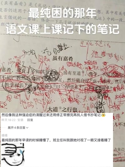 这是一张竖屏的社交媒体截图，画面主体是中学语文课文《虽有嘉肴》的页面，页面上被用红黑两色笔乱涂乱画，布满了杂乱的线条和无意义的涂鸦，几乎遮盖了原文内容，这是学生在课堂上犯困时的无心之作。图片上方配有白色文字“最纯困的那年 语文课上课记下的笔记”，点明了场景。下方的评论区中，有用户留言分享自己类似的上课犯困经历，还有强迫症用户表示清醒后会用修正带擦干净再抄笔记，另一位用户则分享了早读睡懵和班主任对视后继续睡的趣事，整体内容充满了学生时代的真实感和搞笑氛围，容易引发同龄人的共鸣。