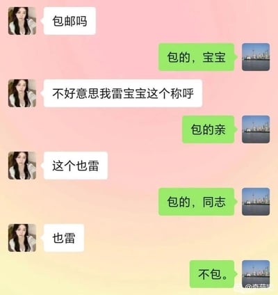 这是一段网购场景下买家与客服的搞笑对话：买家询问商品是否包邮，客服先用“宝宝”称呼回复，被买家表示“雷”（反感）；随后客服依次更换“亲”“同志”的称呼，均被买家反感拒绝；最后客服直接摆烂回复“不包”，用反差感拉满的方式结束对话，充满了搞笑的吐槽感，调侃了对称呼格外挑剔的沟通场景。