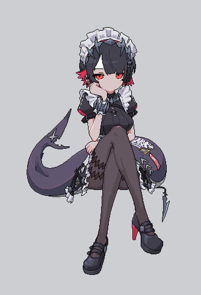 一张像素风格的动漫角色插画，描绘了一位融合了女仆元素与龙特征的少女。角色有着黑色短发与红色挑染，红色眼眸，头上戴着女仆头饰并长有黑色小角。她身穿黑色女仆装，带有白色蕾丝花边，肩部有金属装饰。角色坐在一个带有尖刺的黑色物体上，双腿交叉，穿着黑色长袜和黑色高跟鞋，鞋跟为红色。她的身后有一条带有星形装饰的紫色龙尾，整体姿态优雅而神秘。