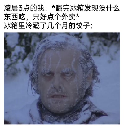 这是一张诙谐的图文梗图，上方文字描述了凌晨3点的人翻找冰箱后，完全无视了已经冷藏数月的饺子，选择点外卖的日常场景；下方搭配了经典恐怖电影《闪灵》中主角杰克·托伦斯被冻僵、满脸冰霜的截图，将这一画面拟人化，用来表现被遗忘的冷冻饺子那种被忽略、充满怨念与不甘的心情，用夸张的影视画面调侃了人们日常生活中宁愿点外卖也不愿食用冷冻库存食物的行为，充满趣味。
