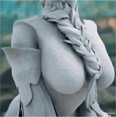 这是一段3D渲染风格的动态GIF图，内容是对迪士尼动画《冰雪奇缘》中的艾莎形象进行二次创作改编，角色胸部呈现夸张的晃动动态效果，通过违背原作形象的恶搞物理动效制造搞笑反差，图中没有任何文字内容，整体偏向恶搞搞笑的风格。