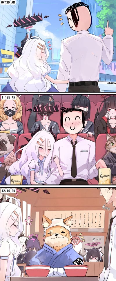 这是一幅《蔚蓝档案》的同人三格连环漫画，以三个时间节点展现老师（sensei）和空崎日奈的约会全程被尾随的搞笑场景：
1. **09:30 AM**：在城市街头，老师和日奈牵手准备开启约会，氛围轻松甜蜜；
2. **11:25 AM**：两人在电影院看电影，身后的座位坐满了偷偷尾随的夜樱学院学生，还有伪装成观众的猫狗，学生们表情各异，有的愤怒皱眉，有的无奈扶额，有的偷窥偷拍；
3. **12:10 PM**：两人在餐厅用餐，身后的隔间里一堆学生在暗中观察，柴犬形态的老师也在其中，人形老师汗流浃背，日奈则一脸娇羞。
漫画夸张地玩了《蔚蓝档案》里夜樱学院学生对老师极度亲近、黏人的设定，展现了约会完全没有私人空间的社死又搞笑的情景。