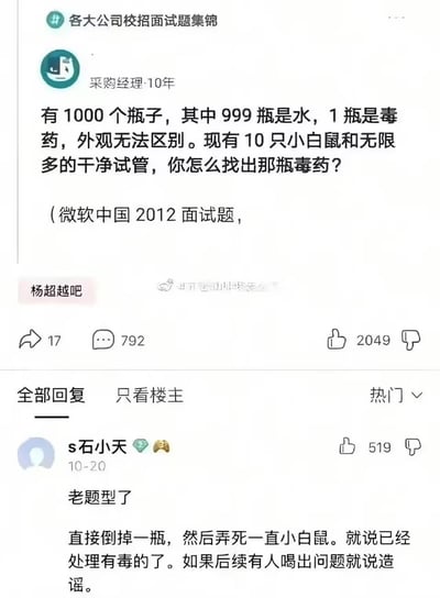 社交媒体截图展示了一个关于微软中国2012年校招面试题的讨论：1000瓶水中有1瓶毒药，外观无法区分，现有10只小白鼠和无限试管，如何找出毒药。下方热门评论区中，用户's石小天'给出幽默回答：倒掉一瓶并弄死一只老鼠，谎称已处理有毒的，若后续有人喝出问题则称造谣，引发调侃。