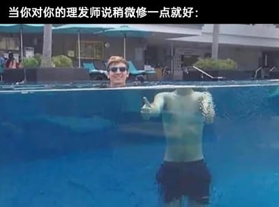 这是一张吐槽理发经历的搞笑梗图，利用泳池的水面分割制造视觉错位效果：水面上露出一个戴着墨镜、面带笑容的人的头部，水面下却是一个没有头部的躯体，还做出点赞的手势。搭配顶部文字“当你对你的理发师说稍微修一点就好:”，用夸张的视觉效果调侃理发师总是无法理解“稍微修一点”的要求，把头发剪得过多，仿佛“头都被剪没了”，精准戳中人们理发时遇到的尴尬共鸣点，用幽默的方式表达对理发效果不符合预期的无奈。
