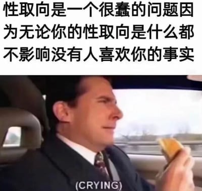 这张图片由上下两部分组成。上半部分是黑色文字："性取向是一个很蠢的问题因为无论你的性取向是什么都不影响没有人喜欢你的事实"。下半部分是一个穿着西装的男人坐在车内，手里拿着食物，图片底部有"(CRYING)"的文字提示他正在哭泣。这是一张带有自嘲和黑色幽默的梗图，通过将性取向话题与孤独感结合制造笑点。
