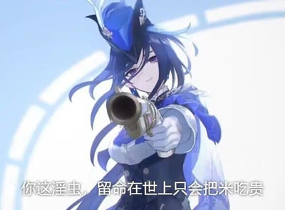 这是一张基于游戏《原神》角色芙宁娜制作的AI衍生梗图。图中芙宁娜身着蓝黑配色的标志性服饰，头戴造型独特的帽子，手持手枪指向观看者，面部表情冷漠严肃。图下方配有文字“你这淫虫，留命在世上只会把米吃贵”，运用了谐音梗，将“民”谐音为“淫”，把原本针对浪费粮食、哄抬物价类的吐槽，改成了带有调侃戏谑意味的夸张指责，通过反差感制造搞笑效果，整体风格偏向二次元玩家社群的玩梗内容。